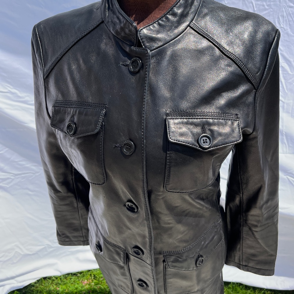 Kenneth Cole Black Leather Trench. Sz S. Worn Once.